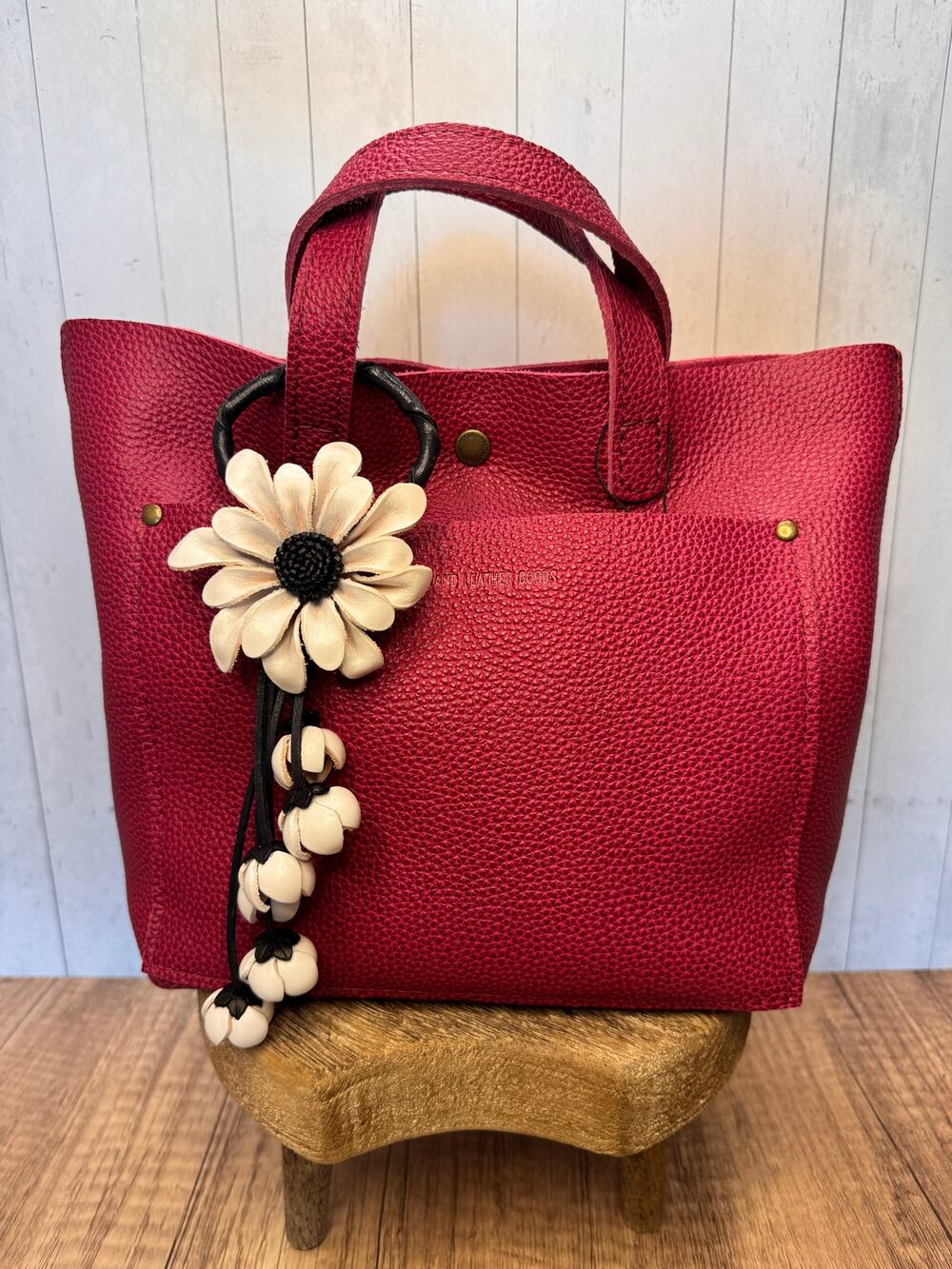 Leather White Daisy Purse Charm Genuine Leather White Dahlia Flower Bag Charm